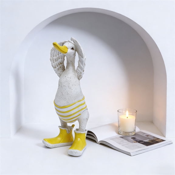 Handcrafted Resins Duck with Rain Boot Statue Cartoon Funny Animal Figurine Sculpture for Outdoor and Indoor Decoration, White, 9.6in