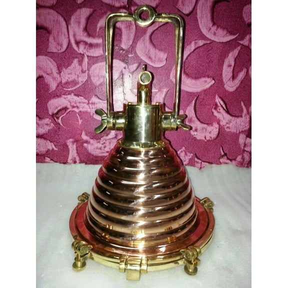 Handcrafted Ribbed Copper & Brass Nautical Pendant Light  Vintage Maritime Ceiling Fixture