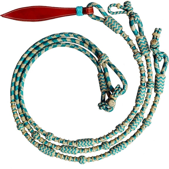Handcrafted Romal Reins Turquoise Rawhide Rope with Braided Leather Knots, Western Horse Tack for Ranch Use