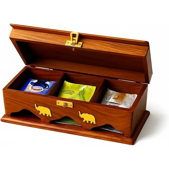 Handcrafted Rosewood Tea Box Organizer with Brass Inlay 3-Compartment Storage Chest for Tea Bags, Spices & Keepsakes Natural Wood Tea Caddy Artisan Kitchen & Gift Item from South Asia