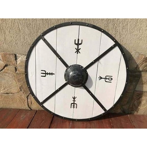 Handcrafted Round 24'' Large Wooden Medieval Shield Norman Viking Halloween Warrior Costume & Home Office Wall Decor