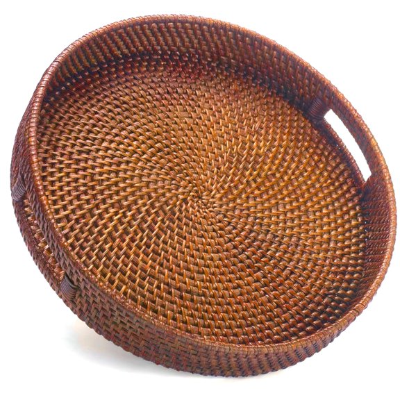 Handcrafted Round Wicker Tray • Large Decorative Rattan Serving Basket for Coffee Table, Ottoman, Kitchen Counter • Boho Woven Home Decor Centerpiece • Natural Circle Trays