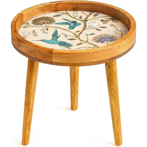 Handcrafted Round Wooden Side Table with Floral Resin Inlay Mid-Century Modern Accent Table Night Stand Sofa Side Bed Side Enterway (14 LITE Birds Table)
