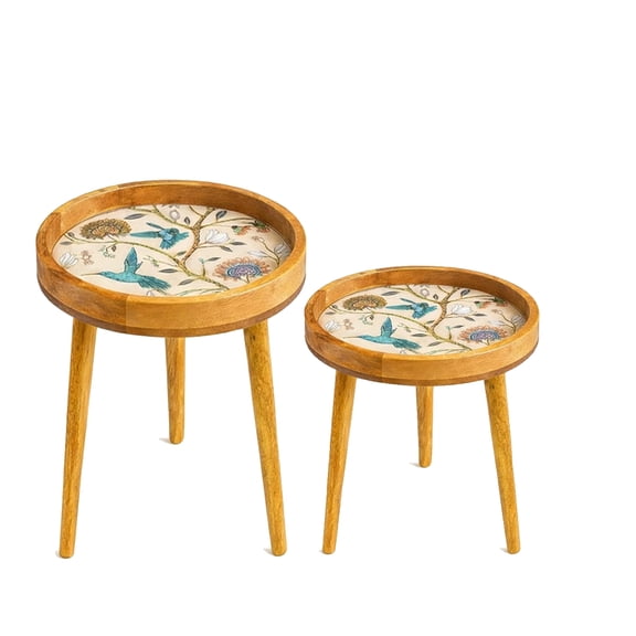 Handcrafted Round Wooden Side Table with Floral Resin Inlay Mid-Century Modern Accent Table Night Stand Sofa Side Bed Side Entryway (12 X 14 LITE Bird)