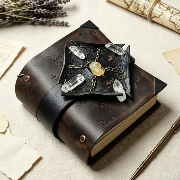 Handcrafted Rustic Leather Cover Writing Notebook, 3D Embossed Crystal Decor Art Journal, Aged Illustrated Sketchpad for Daily Journaling & Home Shelf Display