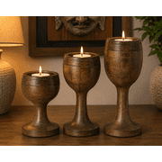 Handcrafted Rustic Wooden Candle Holder Set of 3 | Farmhouse Table Decor | Vintage Wooden Goblet Style Candle Stands | Home Decoration