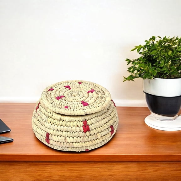 Handcrafted Sabai Grass Round Storage BoxBeige and Pink