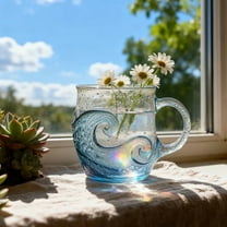 Handcrafted Sea Glass Wave Mug - Textured Beach Surf Themed Glass Cup, Unique Coffee Tea Mug for Beach & Surf Lovers, Durable Handblown Glass Drinkware, Home Office Daily Use Mug, Blue