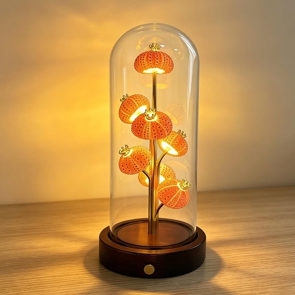 Handcrafted Sea Urchin Shell Night Light - Natural Real Urchin Lamp with Glass Dome & Wooden Base, Warm LED Coastal Table Lamp, Unique Beach House Decor & Ocean Themed Gifts for Bedroom Living Room