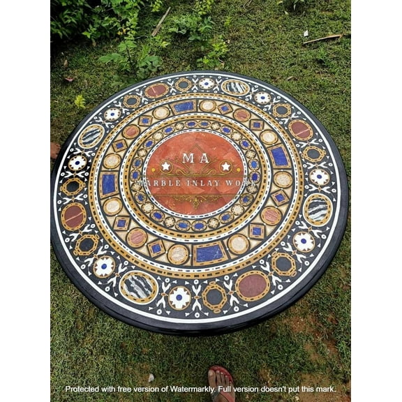 Handcrafted Semi-Precious Floral Inlay Work Black Marble Center Table with Elegant Modern Design – Unique Handmade Furniture for Luxurious Home Decor-72 Inch