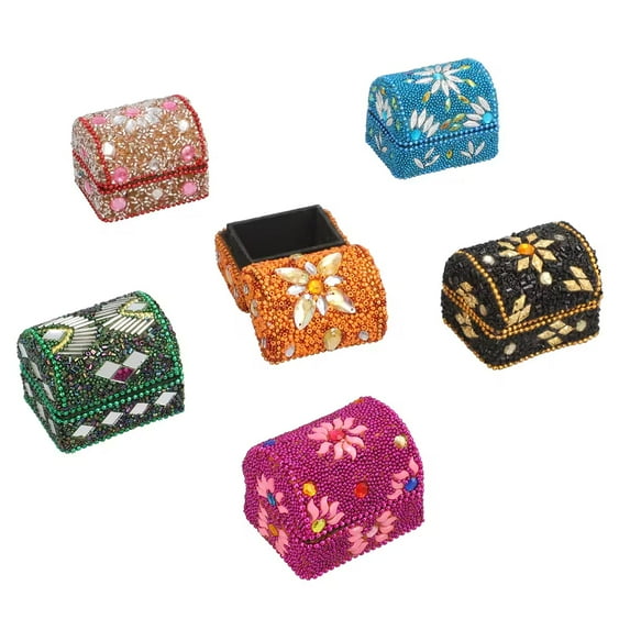 Small Jewelry Box Treasure Chest Mini Trinket Box - Travel Jewelry Case Organizer Storage - Handcrafted Set of 6 Beaded Glitter & Glass Vintage Birthday Gifts for Women - Golden