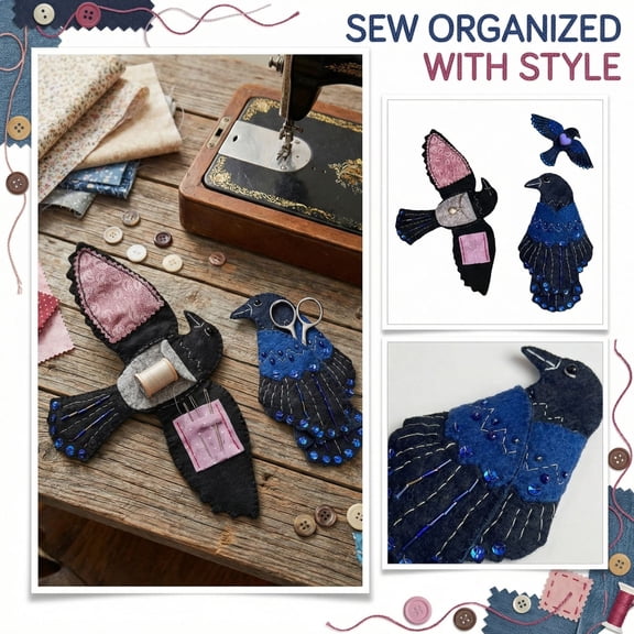Handcrafted Sewing Organizer  Gothic Crow Needle & Thread Guardian  Artisan Felt Embroidery Kit Holder  Unique Bird-Themed Sewing Notion Case for Crafters