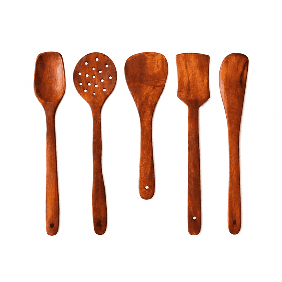Handcrafted Sheesham Wooden Cooking and Serving Spoon Set of 5-Pcs, Natural Premium Rosewood Kitchen Utensils for Nonstick Pots and Pans