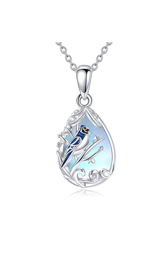 Handcrafted Silver Blue Jay Necklace Teardrop Hollow - Out Pendant with Moonstone Accent, 1.06inch Long