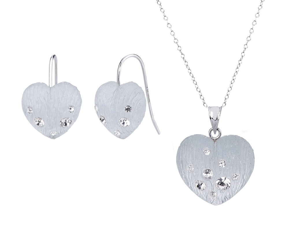 GOLD & HONEY Handcrafted Silver Lucite and Crystals Drop Heart Earrings and Pendant Necklace Set