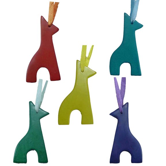 Handcrafted Slice Giraffe Ornament Hanging Figurine Art by the Tribesmen of Kenya. The Ornament is Smooth Elegant Cool and Soothing Soapstone Christmas Tree Holiday Arrangement Set of 5