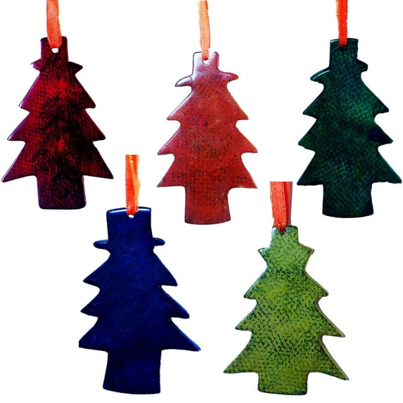 Handcrafted Slice Tree Ornament Hanging Figurine Art by the Tribesmen of Kenya. The Ornament is Smooth Elegant Cool and Soothing Soapstone Christmas Tree Holiday Arrangement Set of 5