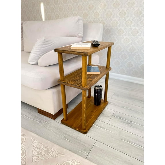 Handcrafted Solid 3-Tier Narrow Side Table, 10 Inch Pine Wood End Table for Living Room with Storage, Slim Bedside Table for Small Spaces, Nursery, Bedroom, Office (Chestnut, Low)