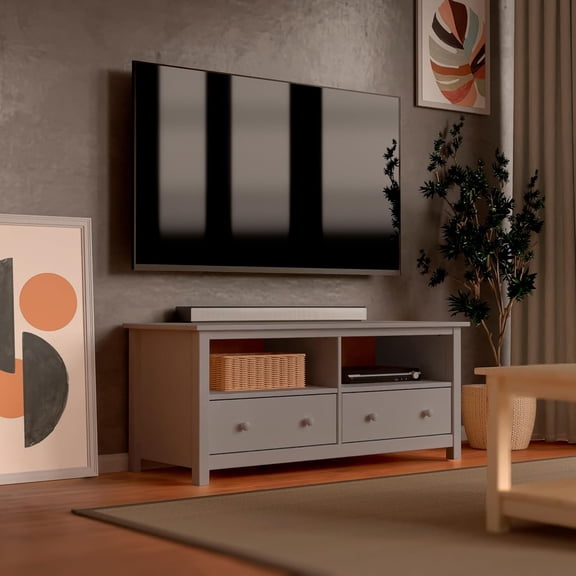 Handcrafted Solid Oak TV Stand Entertainment Center - Elegant Gray Media Console with Spacious Storage Drawers & Open Shelves - Sturdy Wood Cabinet Fits TVs up to 55 Inches