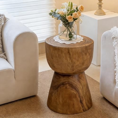 Handcrafted Solid Wood End Table, One-Piece Organic Modern Drum Side Table with Natural Growth Rings & Smooth Curves, Carved Tree Stump Accent Table for Living Room, Bedroom, Sofa Side$$Furniture