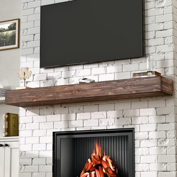 Kincubow 72" Fireplace Mantel Shelf Wood Floating Mantel Shelf with Hidden Bracket Wall Mount American Brown