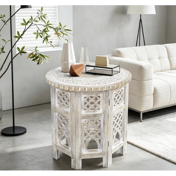 Handcrafted Solid Wood Octagon End Table Distress White Finish, Carved Accent for Living Room, Bedroom, Entryway