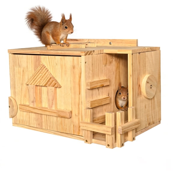 Handcrafted Solid Wood Squirrel House with Porch  All-Season Shelter & Nesting Box for Squirrels & Chipmunks | Complete Easy-Mount Kit for Tree, Fence, or Pole