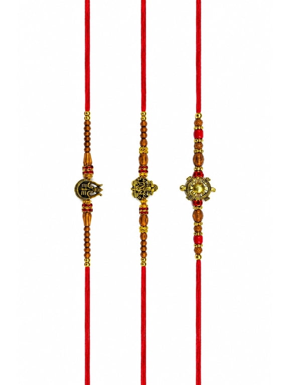 Handcrafted Spiritual Rakhi Set of 3 for Brother, Traditional Sacred Threads with Religious Motifs and Decorative Beads for Raksha Bandhan