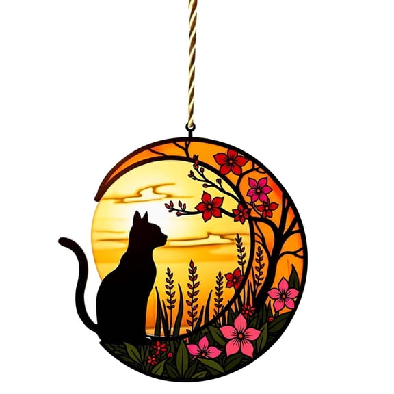 Handcrafted Stained Glass Kitten Window Hanging - Cute Cat Reaching for Flowers on Crescent Moon - Colorful Sunset Design - 1 Piece Home Decor