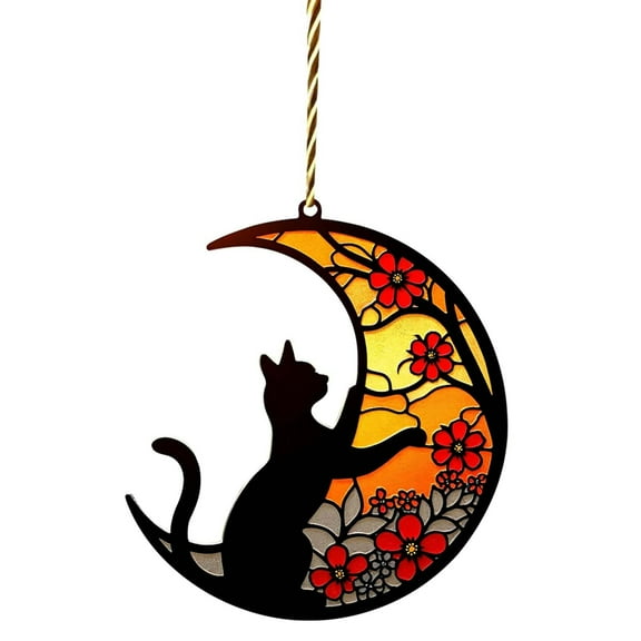 Handcrafted Stained Glass Kitten Window Hanging - Cute Cat Reaching for Flowers on Crescent Moon - Colorful Sunset Design - 1 Piece Home Decor