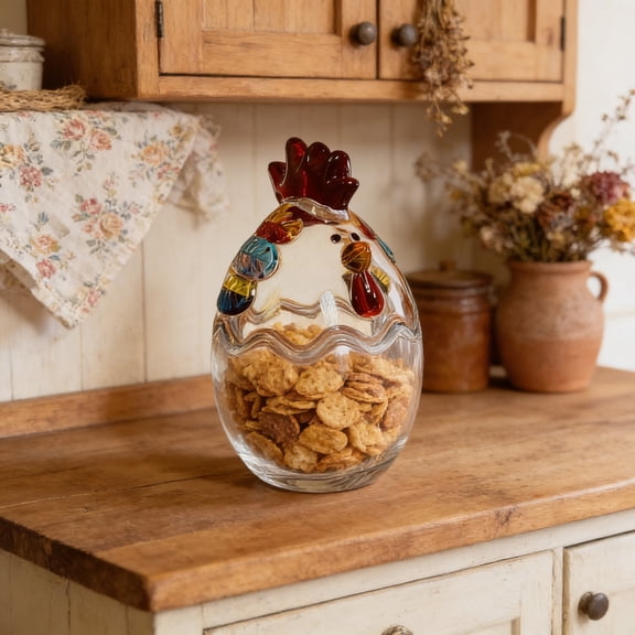 Handcrafted Stained Glass Rooster Candy Jar With Lid, Multicolor Cottage Style Glass Storage Jar for Candy, Dry Fruit, Kitchen Tabletop or Living Room Decoration