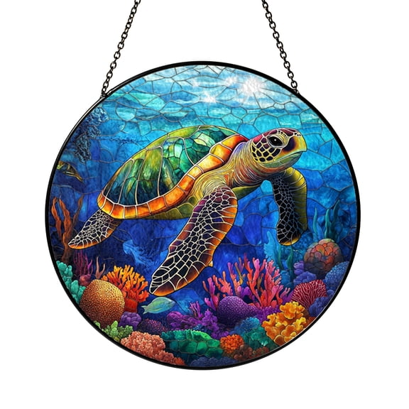 Handcrafted Stained Glass Sea Turtle Art, Circular Window Panel with Coral Reef, Unique Nautical Decor
