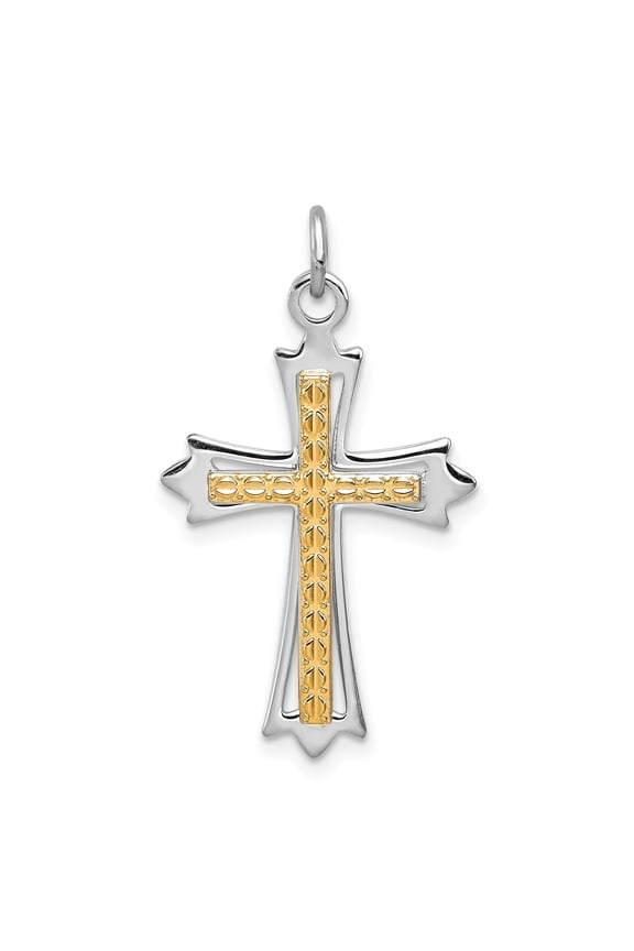 Handcrafted Sterling Silver and Gold Two Tone Cross Pendant Necklace for Men and Women with Flared Ends and Textured Inlay Religious Fashion Jewelry