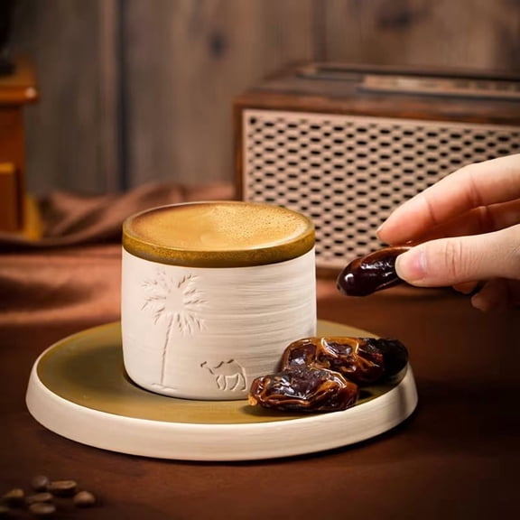 Handcrafted Stoneware Coffee Cup with Desert Tree & Camel Carving Microwave & Dishwasher Safe, 3 Sizes for Espresso Latte Tea Cocoa