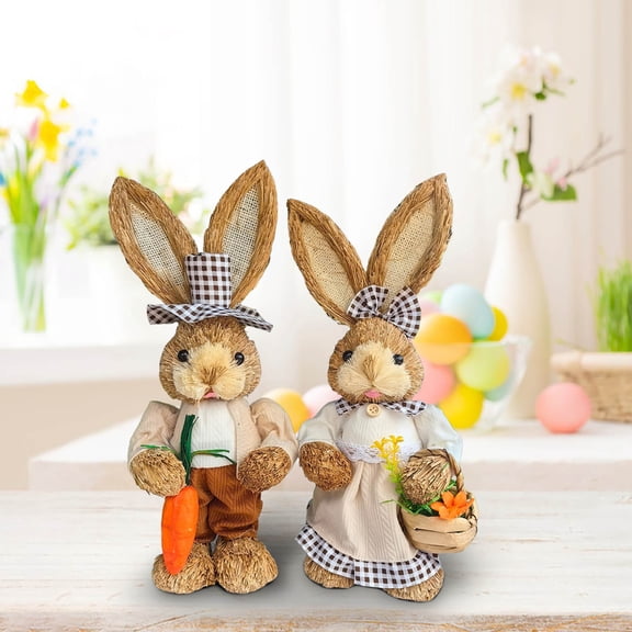 Handcrafted Straw Bunny Statue,Natural Woven Cottage Style Figurine Couple,Rustic Easter Home Decor for Tabletop Display and Spring Themed Gift Giving