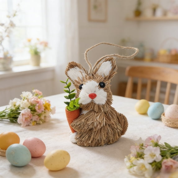 Handcrafted Straw Easter Bunny Ornament with Natural Fiber Design Spring Home Decor Tabletop Figurine for Mantel Shelf Display Rustic Farmhouse Style Decorative Piece