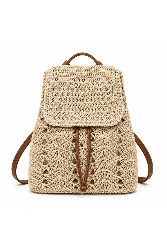 Handcrafted Straw Woven , Summer Boho Hollow Knit Shoulder Bag with Secure Drawstring Flap Closure, Lightweight Aesthetic Casual Rattan Rucksack for Beach Vacation & Travel