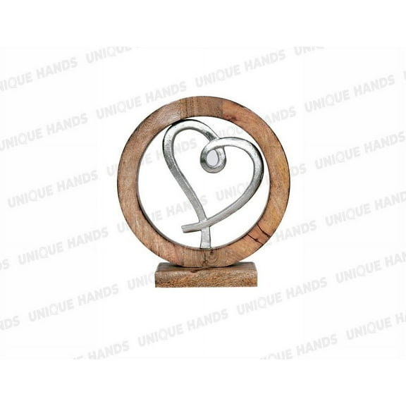 Handcrafted Stunning Silver Color Metal Heart Inside Round Wooden Display Stand Standing Interior Tabletop Decoration