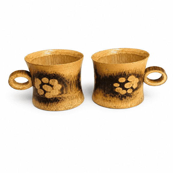 Handcrafted Tea Cups Set, Brown with Floral Pattern, Natural Wood Finish, Thin Edges,Coffee/Tea Cups, 150 ML Traditional Bamboo Cup Design, 2 Pieces ( 8 cm x 6.5 cm)