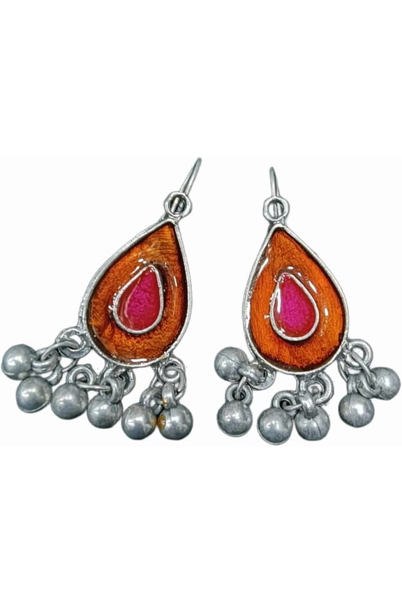 Handcrafted Teardrop Dangle Earrings, Pink Stone with Orange Wood Inlay, Silver Bells