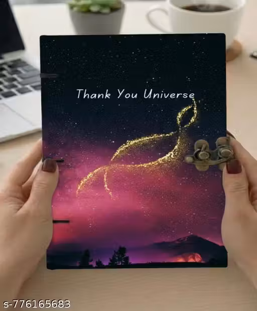 Handcrafted "Thank You Universe" Manifestation Journal – A5 Size, 200 Unruled Handmade Pages, Antique Metal Lock, Celestial Nebula & Galaxy Gratitude Diary