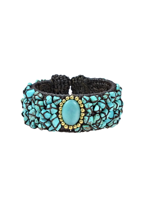 Handcrafted Three Ovals Mosaic Turquoise Cotton Rope Cuff