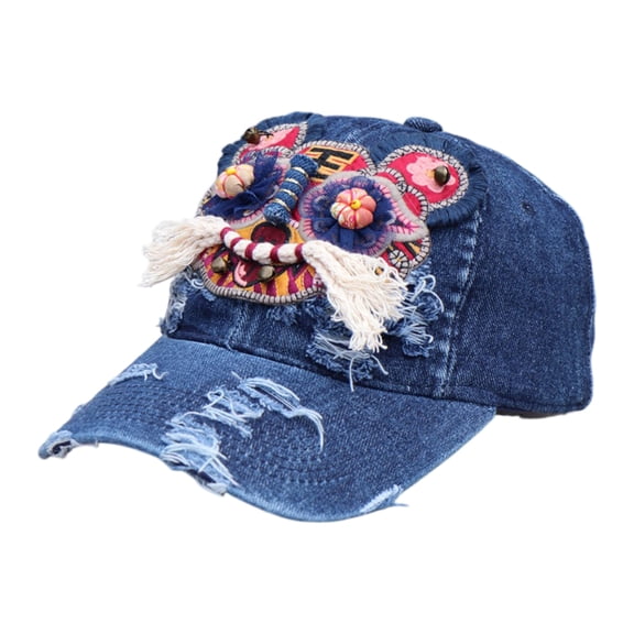 Handcrafted Tiger Head Embroidered Baseball Cap, Artisanal Denim Trucker Hat, Ethnic Folk Style Adjustable Sun Cap for Unique Daily Wear - Dark Blue