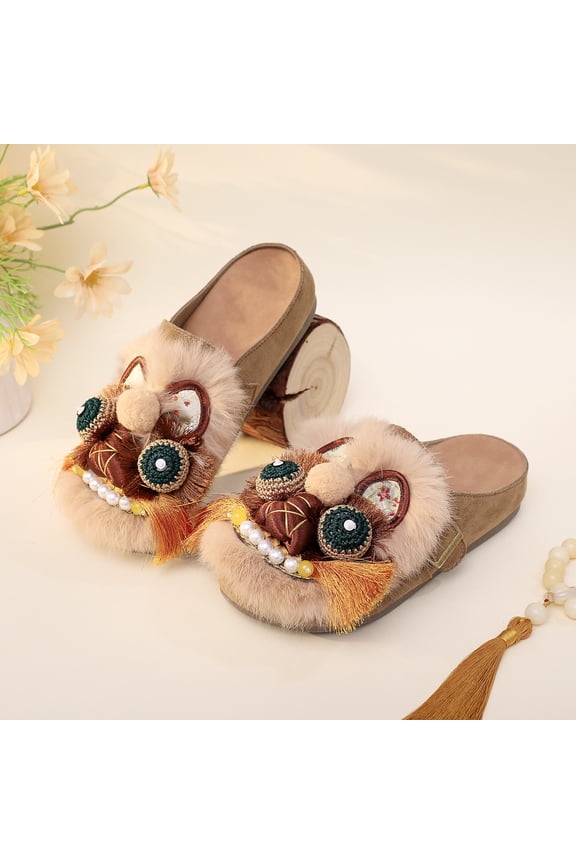 Handcrafted Tiger Head Velvet Slippers, Ethnic Style, Casual Summer Shoes