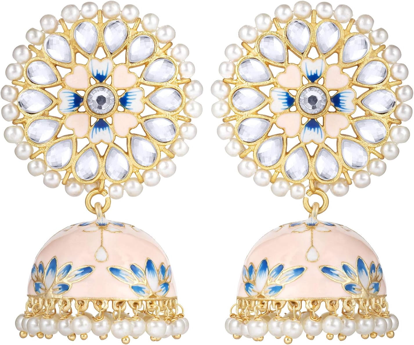 18K Gold Plated Traditional Floral Kundan Studded Red Meenakari Jhumka Earrings For Women