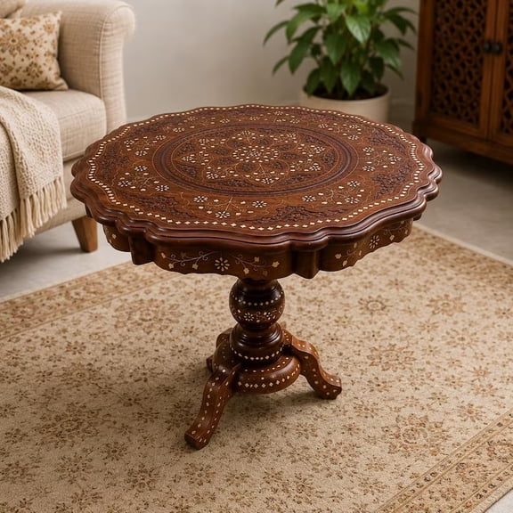 Handcrafted Traditional Wooden Inlay Scalloped Edge Round End Table