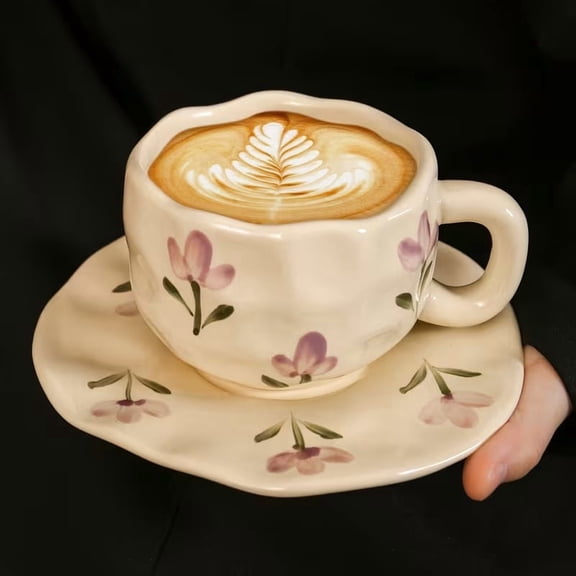 Handcrafted Tulip Flower Ceramic Coffee Cup and Plate Set - Elegant Irregular Design for Home Dcor and Daily Use