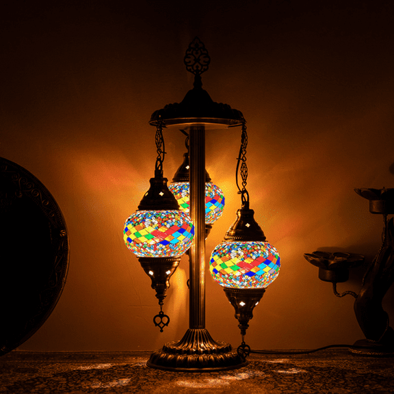 Handcrafted Turkish Moroccan Mosaic Bedside Lamp 21 Inches Antique Brass Base Multicolored Exotic Decorative Lamp