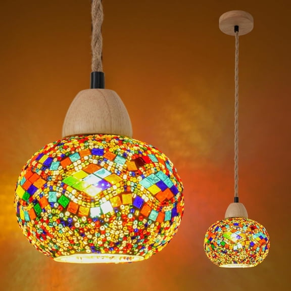 Handcrafted Turkish Moroccan Pendant Light with Mosaic Lampshade - Bohemian Semi-Flush Mount Chandelier Suitable for Kitchen Island, Dining Room, Hallway - Powder-Coated (Compatible with)
