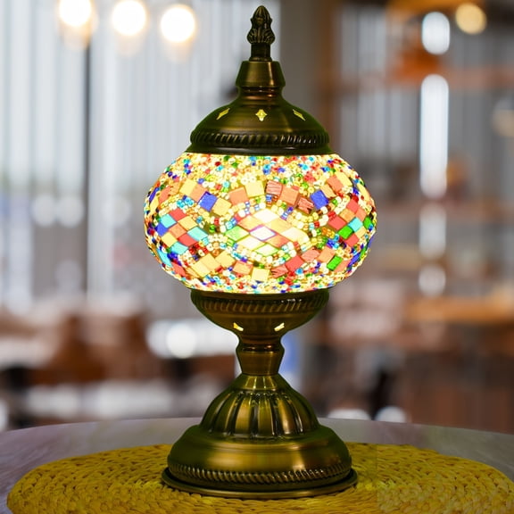 Handcrafted Turkish Mosaic Table Lamp - Halloween Pumpkin Night Light, 3-Color Dimmable Glass Lamp with Metal Base, Unique Art Decor for Bedroom/Living Room, Includes Bulb